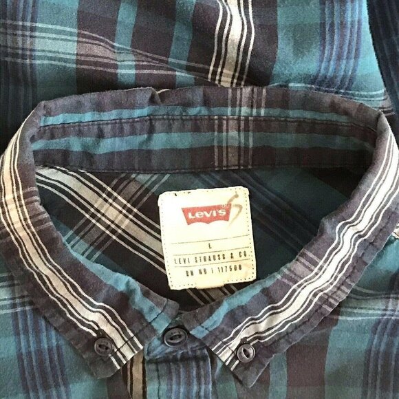 Vintage Levi's Blue Plaid Button Front LS Shirt Large Pocket Lightweight Logo - Picture 5 of 7